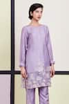 Buy_Sue Mue_Purple Organza, Mul, Tussar Georgette Round Embroidered Kurta Set _Online_at_Aza_Fashions