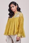 Buy_Sue Mue_Yellow Mul V Neck Embroidered Organza Top _at_Aza_Fashions