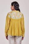 Shop_Sue Mue_Yellow Mul V Neck Embroidered Organza Top _at_Aza_Fashions