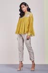 Buy_Sue Mue_Yellow Mul V Neck Embroidered Organza Top _Online_at_Aza_Fashions