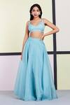 Sue Mue_Blue Tusser Georgette V Neck Embroidered Lehenga Set _Online_at_Aza_Fashions