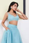 Buy_Sue Mue_Blue Tusser Georgette V Neck Embroidered Lehenga Set _at_Aza_Fashions