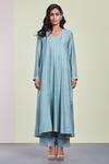 Sue Mue_Blue Organza, Mul, Tussar Georgette V Neck Embroidered Kurta Set _Online_at_Aza_Fashions