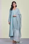 Buy_Sue Mue_Blue Organza, Mul, Tussar Georgette V Neck Embroidered Kurta Set _Online_at_Aza_Fashions
