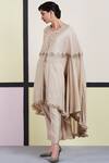 Sue Mue_Beige Tusser Georgette Round Embroidered Kaftan Pant Set _Online_at_Aza_Fashions