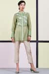 Sue Mue_Green Organza Stand Collar Embroidered Shirt _Online_at_Aza_Fashions