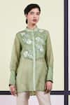 Buy_Sue Mue_Green Organza Stand Collar Embroidered Shirt _at_Aza_Fashions