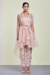 Sue Mue_Pink Tussar Georgette Bustier Scoop Jacket Embroidered Organza With Pant _Online_at_Aza_Fashions