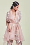 Buy_Sue Mue_Pink Tussar Georgette Bustier Scoop Jacket Embroidered Organza With Pant _Online_at_Aza_Fashions