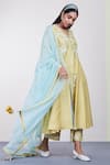 Buy_Sue Mue_Yellow Mul, Tussar Georgette V Neck Embroidered Kurta Set _at_Aza_Fashions