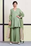Buy_Sue Mue_Green Organza, Georgette Surplice Embroidered Short Anarkali Pant Set _at_Aza_Fashions