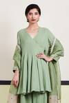 Buy_Sue Mue_Green Organza, Georgette Surplice Embroidered Short Anarkali Pant Set _Online_at_Aza_Fashions