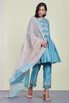 Buy_Sue Mue_Blue Organza, Chanderi, Mul Round Embroidered Kurta Set _at_Aza_Fashions