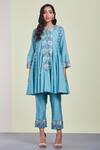 Sue Mue_Blue Organza, Chanderi, Mul Round Embroidered Kurta Set _Online_at_Aza_Fashions