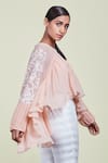 Buy_Sue Mue_Peach Georgette V Neck Embroidered Asymmetric Top _at_Aza_Fashions