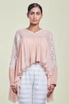 Buy_Sue Mue_Peach Georgette V Neck Embroidered Asymmetric Top _Online_at_Aza_Fashions