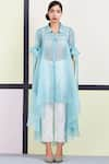 Sue Mue_Blue Organza Stand Collar Floral Embroidered Tunic _Online_at_Aza_Fashions