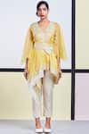 Sue Mue_Yellow Organza, Tussar Georgette V Neck Embroidered Tunic Pant Set _Online_at_Aza_Fashions