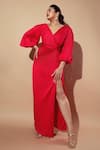 Buy_Zwaan_Red Satin V Neck Pleated Gown For Women_at_Aza_Fashions