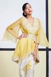 Buy_Sue Mue_Yellow Organza, Tussar Georgette V Neck Embroidered Tunic Pant Set _at_Aza_Fashions