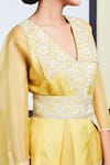 Buy_Sue Mue_Yellow Organza, Tussar Georgette V Neck Embroidered Tunic Pant Set _Online_at_Aza_Fashions