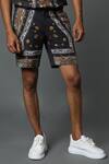 House Of Three_Black Cotton Linen Jewel Mural Hawaiian Shorts _Online_at_Aza_Fashions
