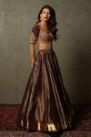 RI.Ritu Kumar_Brown Lehenga Banaras Woven Silk Embroidered Floral Pattern Plunge Bridal Set _Online_at_Aza_Fashions