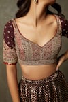 Shop_RI.Ritu Kumar_Brown Lehenga Banaras Woven Silk Embroidered Floral Pattern Plunge Bridal Set _Online_at_Aza_Fashions