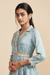 Mulmul_Blue Vegan Silk Embroidery Zari Flower And Work Jacket Top & Pant Set _Online_at_Aza_Fashions