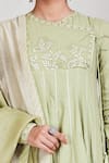 Sue Mue_Green Cotton, Mul Round Asymmetric Angarkha Set _at_Aza_Fashions