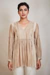 Sue Mue_Beige Mul V Neck Flared Short Tunic _Online_at_Aza_Fashions