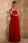 OMANA BY RANJANA BOTHRA_Red Crinkled Chiffon Hand Embroidered Cutdana And Bead Work Yoke Jumpsuit _Online_at_Aza_Fashions