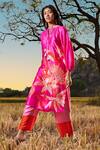 Buy_Archana Shah_Pink Bamberg Silk Bead Work, Sequins, Tropical Print Tie-up Kurta And Pant Set_at_Aza_Fashions