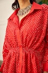 Twenty Nine_Red Crushed Raidaana Silk Bandhani Pattern Peplum Shirt_Online_at_Aza_Fashions
