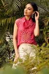 Twenty Nine_Red Bandhani Pattern Asymmetric Top_at_Aza_Fashions