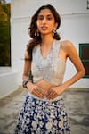 Twenty Nine_Blue Gabardine Mirrors, Beads V-neck Hand Embroidered Bustier _at_Aza_Fashions
