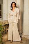 Twenty Nine_Ivory Georgette Embroidery Collared Oversized Jacket With Belt _Online_at_Aza_Fashions