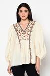 Buy_Nikasha_White Cotton V Neck Embroidered Top _at_Aza_Fashions
