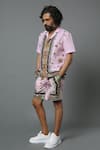 Shop_House of Three_Pink Cotton Linen Printed Jewel Mural Hawaiian Shorts  _at_Aza_Fashions