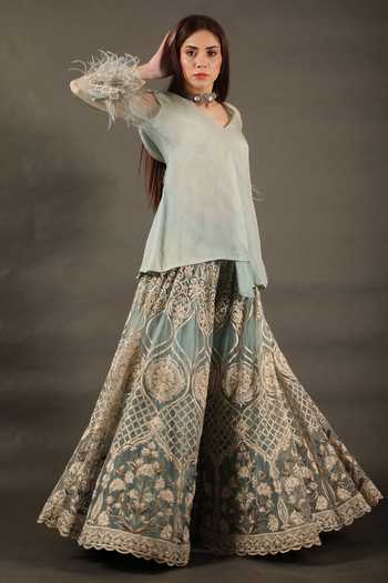 Omana By Ranjana Bothra_Blue Organza, Net, Crepe Tassels V-neck Floral Embroidered Sharara Set _Online_at_Aza_Fashions