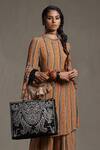 Ritu Kumar_Coral Rayon Crepe Floral Stripe Print Kurta And Pant Set_at_Aza_Fashions
