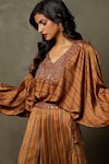 RI.Ritu Kumar_Brown Top - Silk Satin Printed Geometric V Neck Noor Floral And Palazzo Set _Online_at_Aza_Fashions