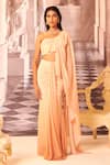 Gauri Dhawan_Beige Knit Shimmer Asymmetric Erato Pre-draped Saree And Pre-stitched Blouse Set _Online_at_Aza_Fashions