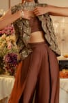 Nehha Nhata_Brown Satin Embroidery Open , Round Ruffle Jacket And Flap Pant Set _Online_at_Aza_Fashions