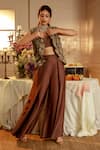 Buy_Nehha Nhata_Brown Satin Embroidery Open , Round Ruffle Jacket And Flap Pant Set _Online_at_Aza_Fashions