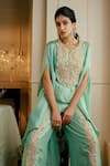 Buy_Nehha Nhata_Green Silk Hand Embroidered Abstract Patterns Round Cape Top And Palazzo Set _Online_at_Aza_Fashions