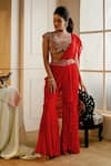 Buy_Nehha Nhata_Red Georgette Embroidery, Tassels Round Neck Draped Gharara Saree With Blouse _Online_at_Aza_Fashions