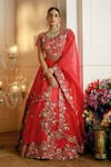 Nehha Nhata_Red Organza Hand Embroidered Floral Thread And Dabka Patterns Bridal Lehenga Set _Online_at_Aza_Fashions