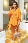 Garima Bindal_Orange Pure Modal Satin Solid Collared Neck Wrap Tie-up Shirt And Pant Set _Online_at_Aza_Fashions