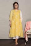 Falguni.Foram_Yellow Dress Gauze Linen Printed And Applique Hand Gathered Kaftan  _Online_at_Aza_Fashions